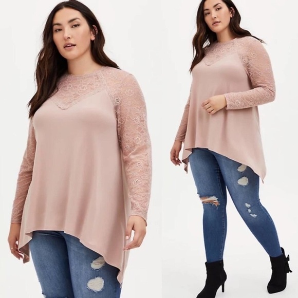 torrid Tops - 9.TORRID TAUPE CREPE AND LACE SHARKBITE TOP